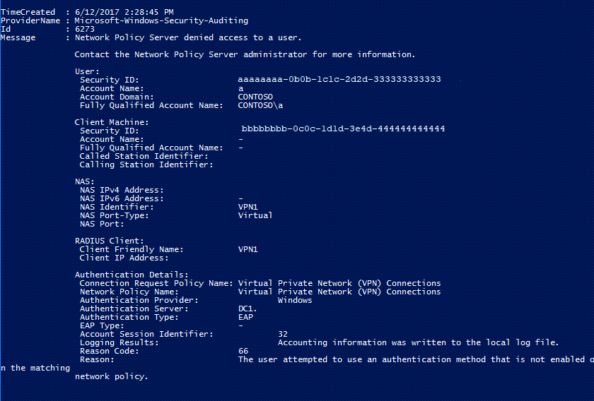 Security log showing a failed sign-in event