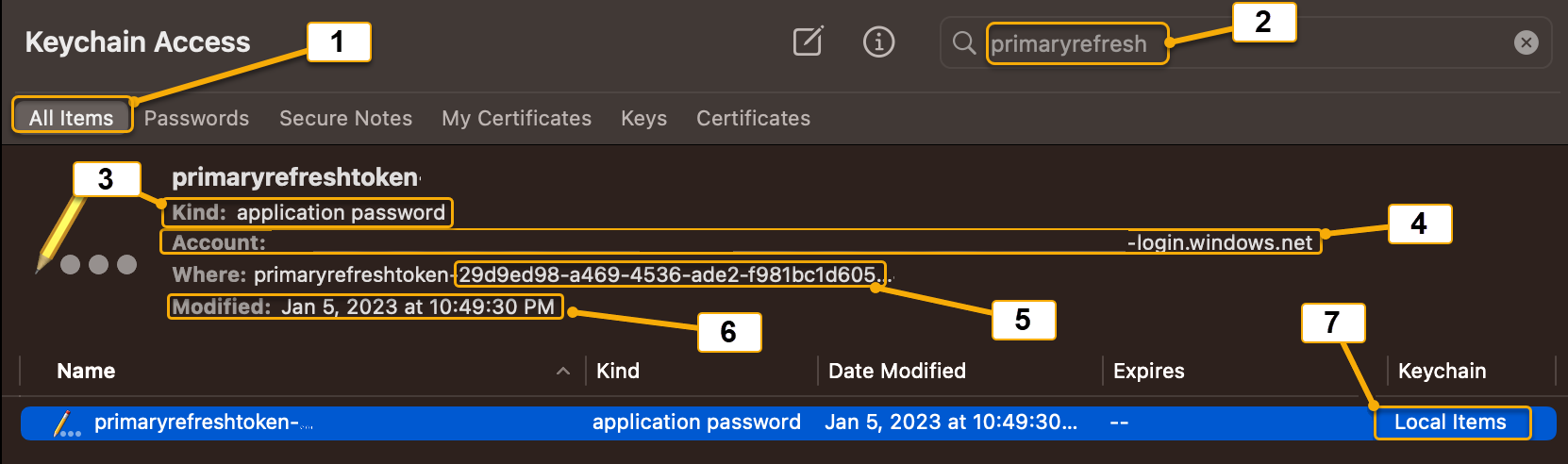 screenshot showing how to find the PRT in Keychain access app.