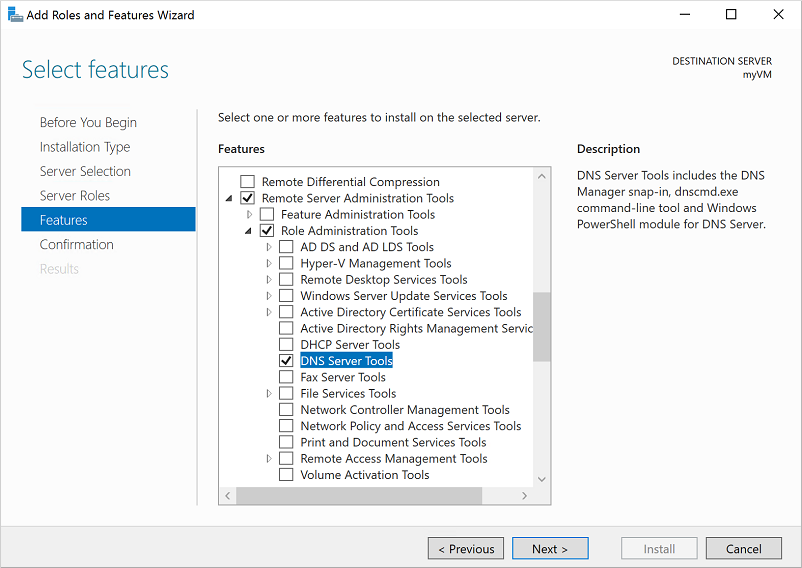 Choose to install the DNS Server Tools from the list of available role administration tools