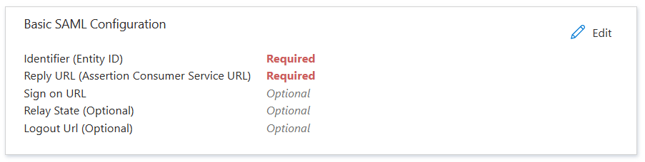 Screenshot showing the required basic SAML configuration for single sign-on for an enterprise application.