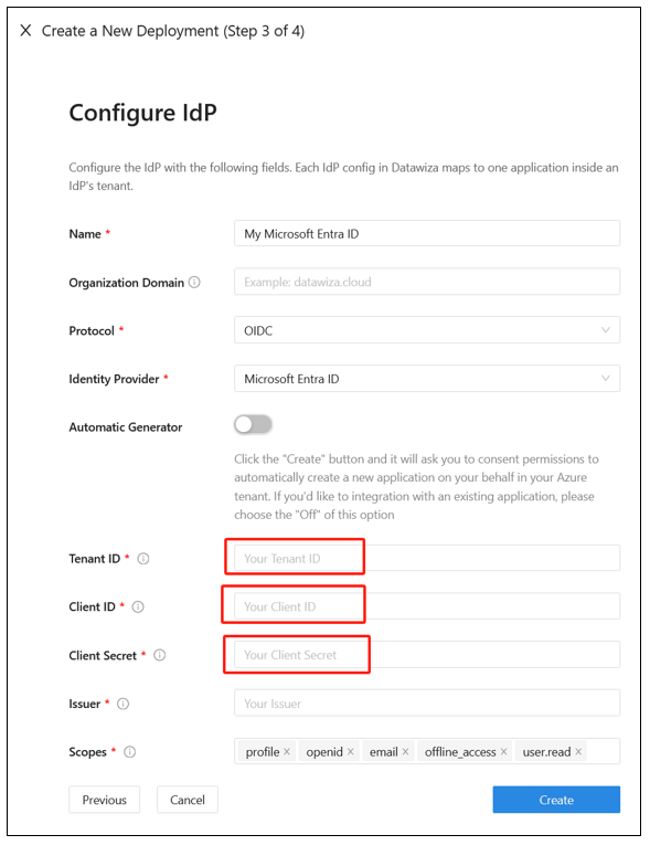 Screenshot of the Configure IdP dialog with the Automatic Generator turned off.