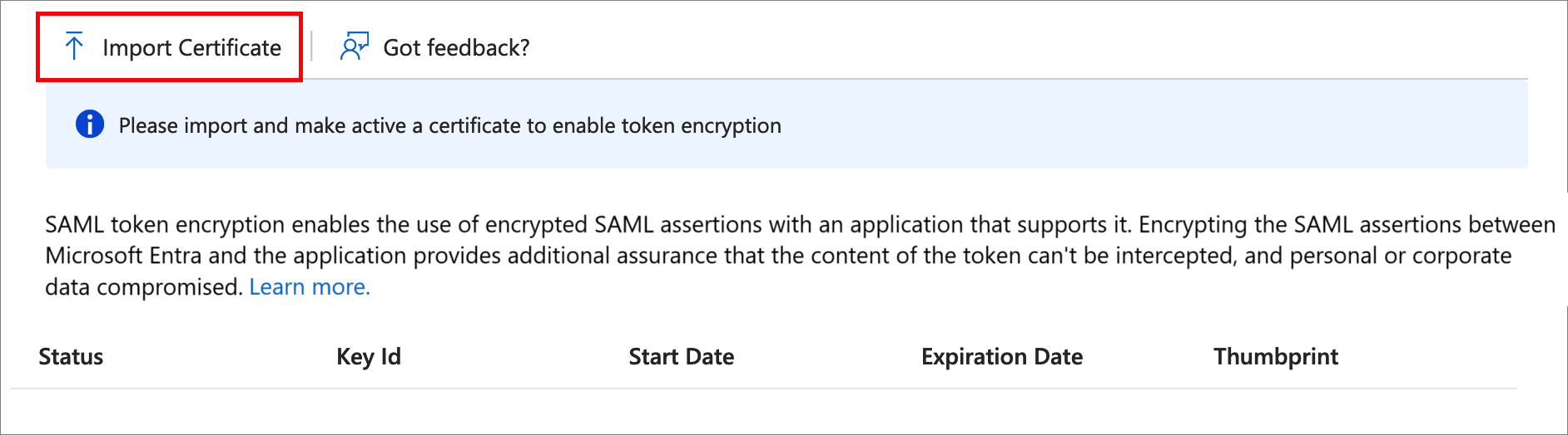 Screenshot shows how to import a certificate file using Microsoft Entra admin center.