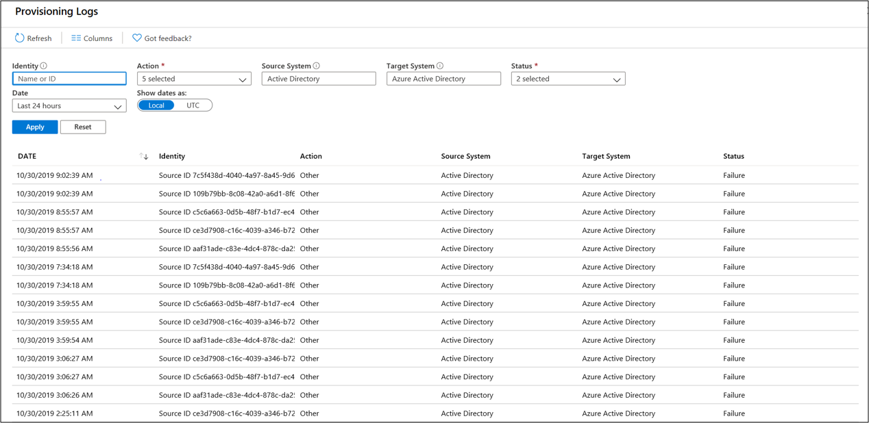 Screenshot that shows information about provisioning logs.