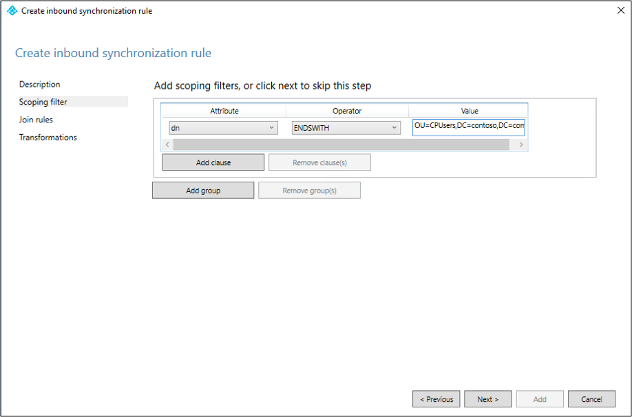 Screenshot that shows the sync rule scoping filters.