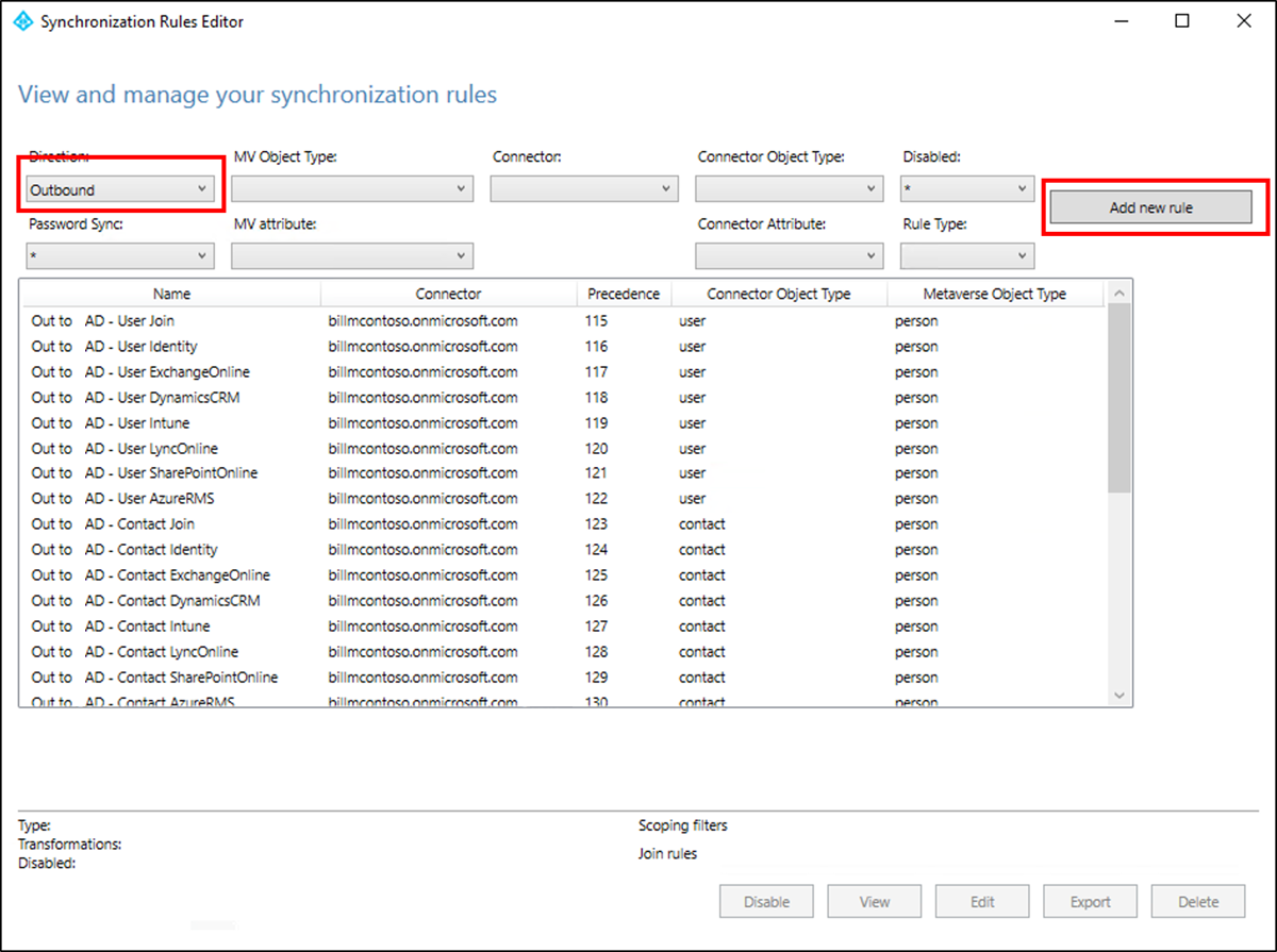 Screenshot that shows the outbound sync rules.