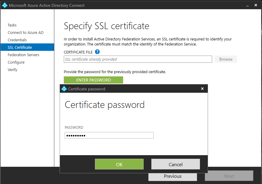 Screenshot of the "Domain Administrator credentials" page, with example credentials entered.