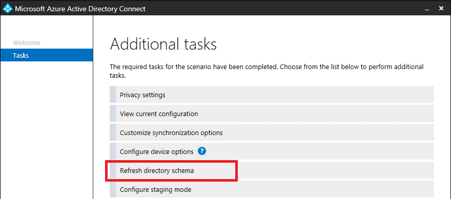Screenshot of Refresh Directory Schema in the Connect wizard