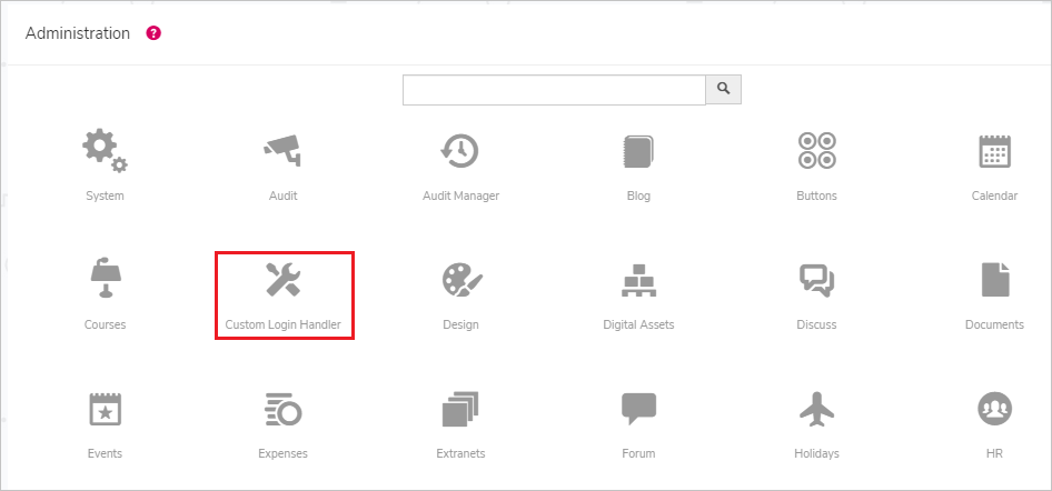 Screenshot shows the Administration page with Custom Login Handler selected.