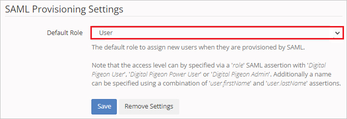 Screenshot shows how to configure SAML Provisioning Default Role.