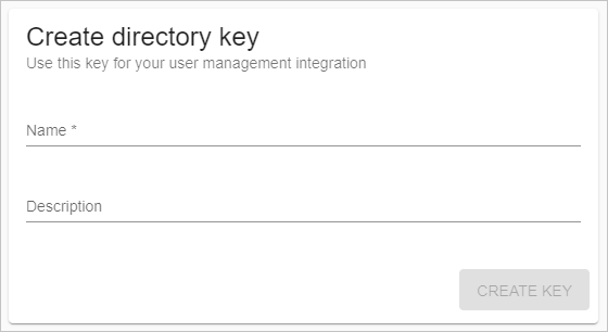 Screenshot of the Create directory key page of the Federated Directory admin console, with Name and Description fields and a Create key button.