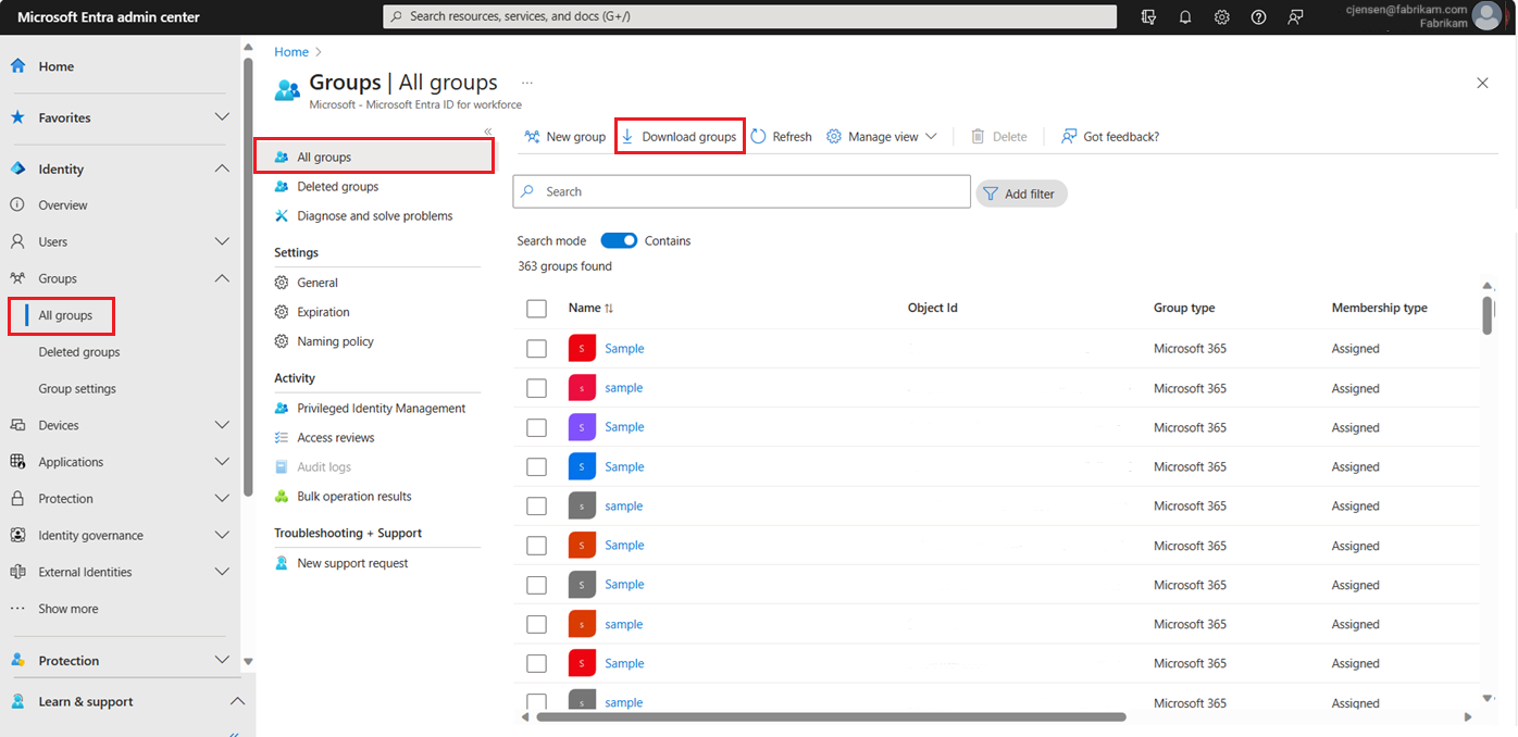 Screenshot of the All groups page with Download groups selected.