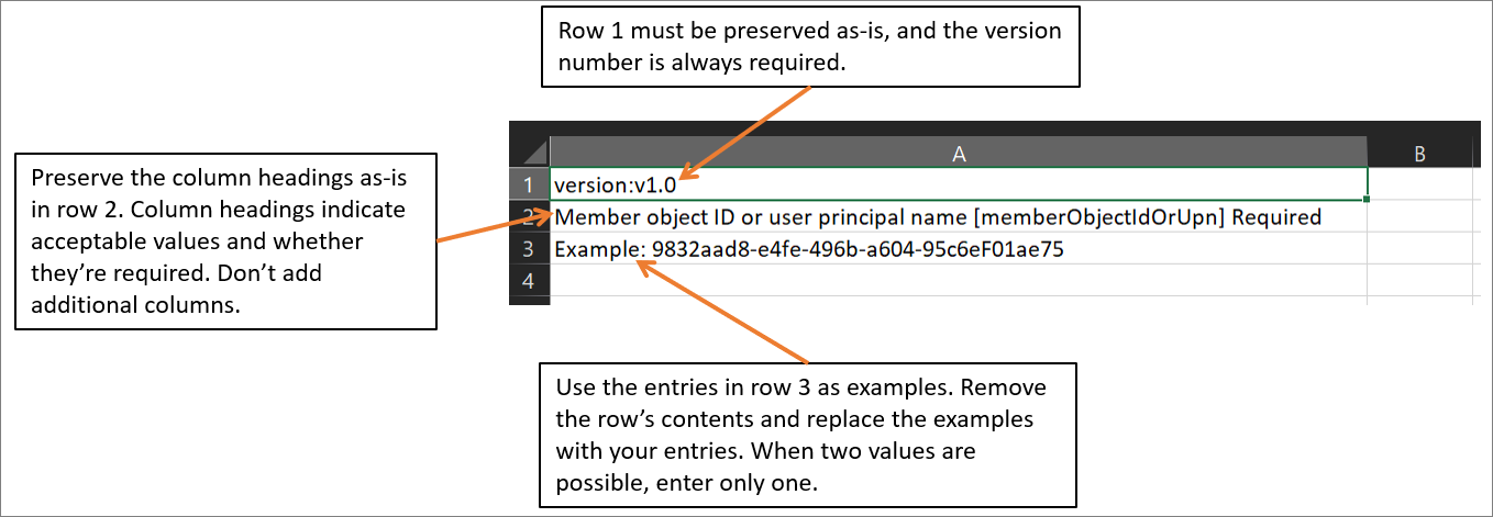 Screenshot that shows the spreadsheet for upload and call-outs explaining the purpose and values for each row and column.