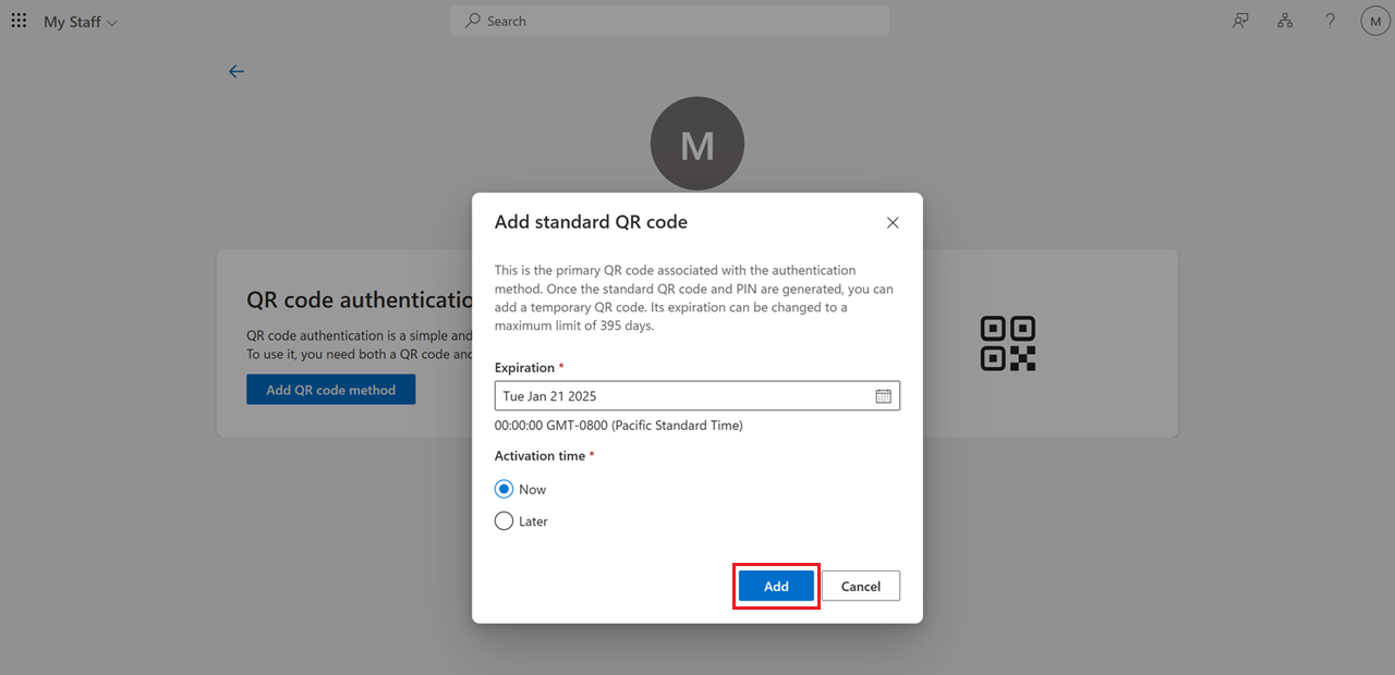 Screenshot that shows how to set the activation date for a QR code authentication method.