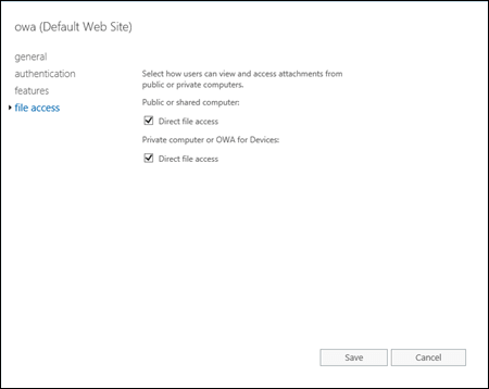 The File access tab in the properties of the Outlook on the web virtual directory in the EAC.