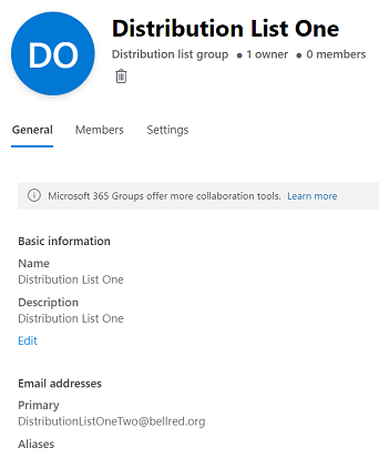 The screen displaying properties of the chosen distribution list group.