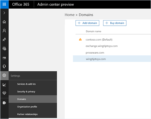 Screenshot shows admin center with the Domains option selected. Domain names are shown on the page along with the options to add or buy a domain.