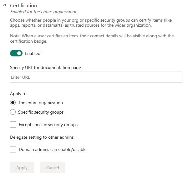 Skærmbillede af, hvordan du konfigurerer semantisk model og certificering af dataflow.