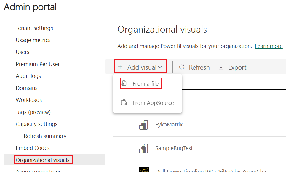 Skærmbillede, der viser menuen for visualiseringer til organisationer i indstillingerne for Power BI-administratorer. Indstillingen Tilføj visualisering er udvidet, og indstillingen fra en fil er valgt.