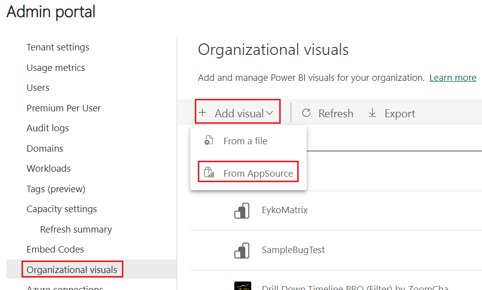 Skærmbillede, der viser menuen for visualiseringer til organisationer i indstillingerne for Power BI-administratorer. Indstillingen Tilføj visualisering er udvidet, og indstillingen fra appkilde er valgt.