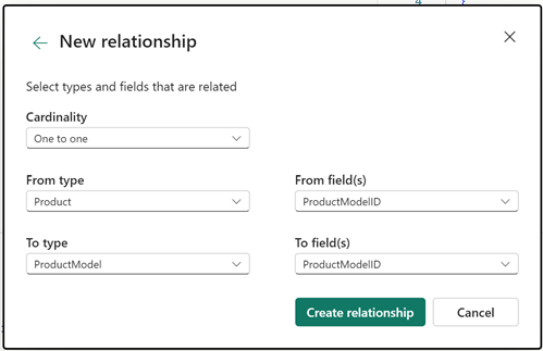 Skærmbillede af skærmbilledet Ny relation, der viser eksempler på valg for de fem påkrævede felter.