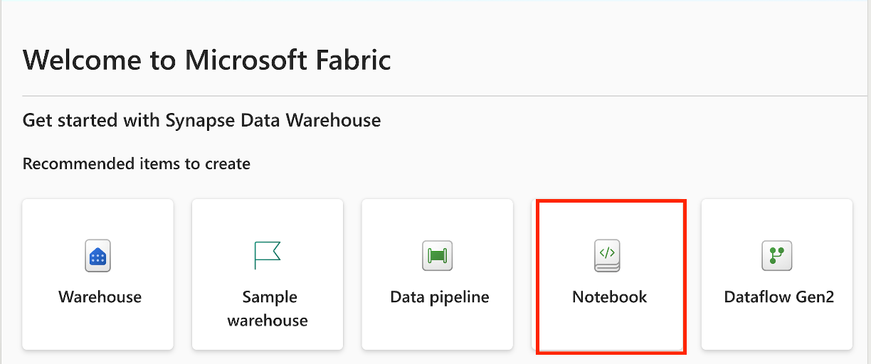 Skærmbillede af oprettelse af t-SQL-notesbogpost på DW-startsiden.