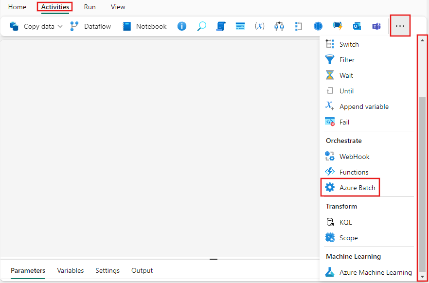 Skærmbillede af brugergrænsefladen i Fabric med ruden Aktiviteter og Azure Batch-aktivitet fremhævet.