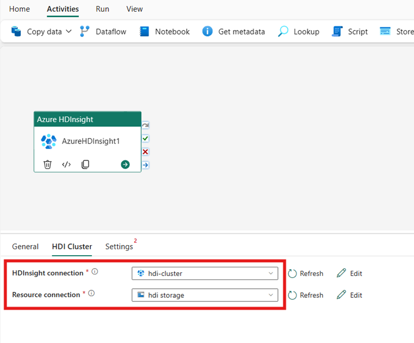 Skærmbillede, der viser HDI-klyngeegenskaberne for Azure HDInsight-aktiviteten.