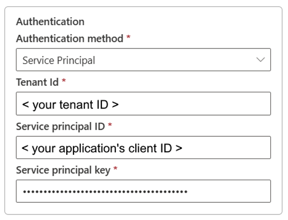 Skærmbillede, der viser godkendelsesmetoden for tjenesteprincipalen for Azure Data Lake Storage Gen2.