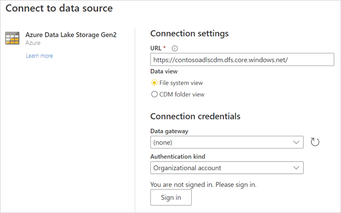 Skærmbillede, der viser siden Opret forbindelse til datakilde for et Fabric-element til Azure Data Lake Storage Gen2 for et Fabric-element, hvor URL-adressen er angivet.