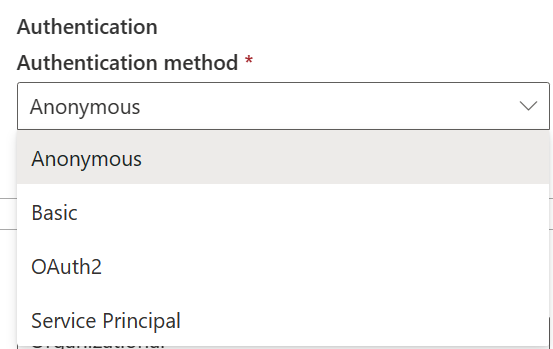 Skærmbillede, der viser godkendelsesmetoden for HTTP.