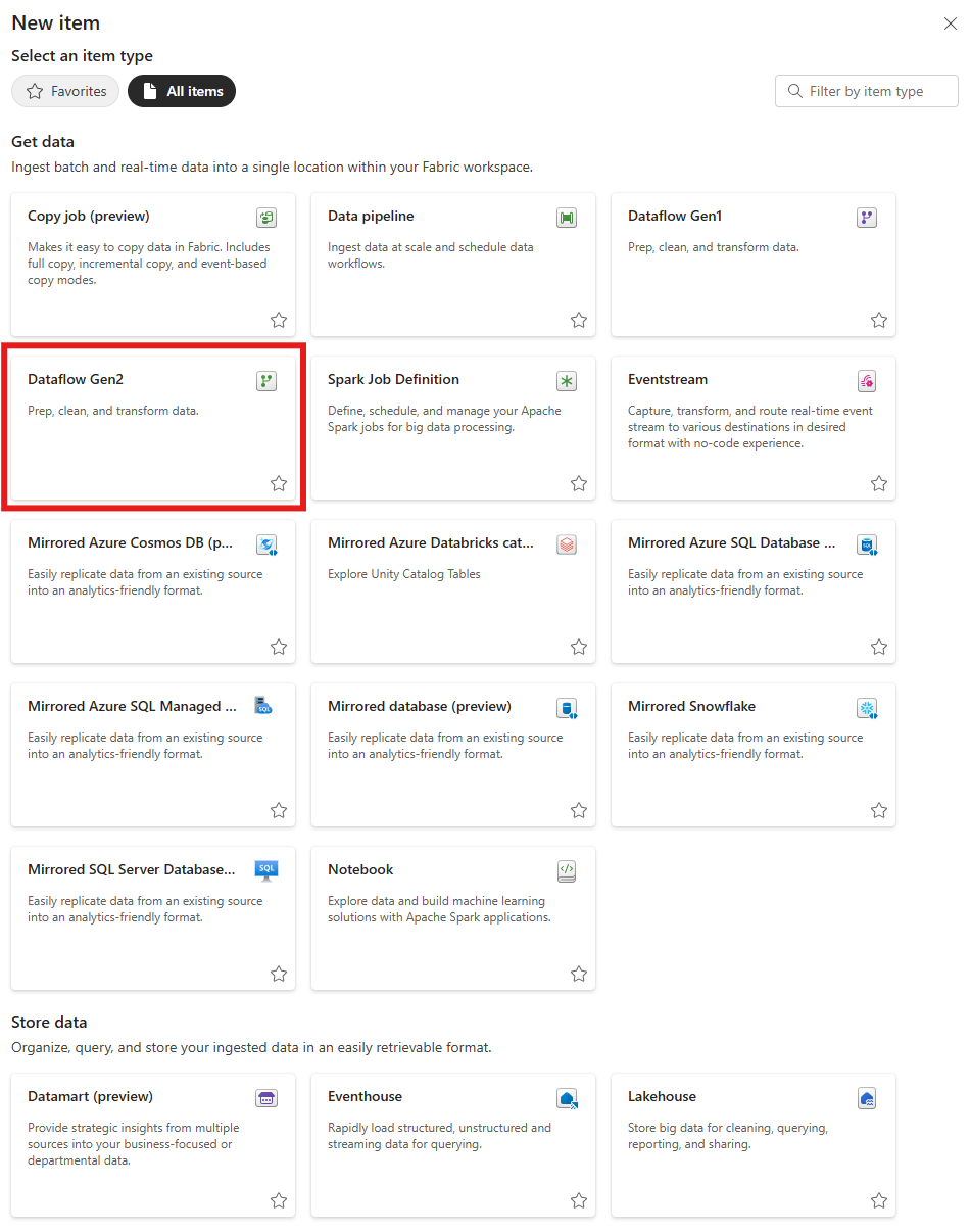 Skærmbillede af vinduet Nyt element, hvor elementet Dataflow Gen2 er fremhævet.