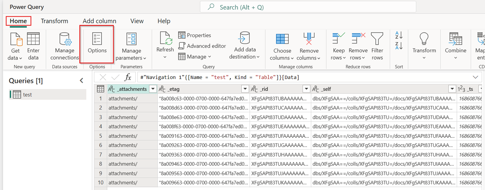 Skærmbillede, der viser, hvor du kan vælge Indstillinger for Dataflow Gen2 på fanen Hjem.