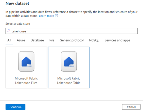 Skærmbillede, der viser dialogboksen Nyt datasæt med datasættypen Microsoft Fabric Lakehouse Table valgt.