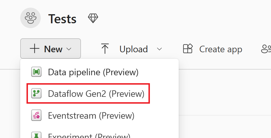 Skærmbillede med menuen Ny åbnet med Dataflow Gen2 fremhævet.