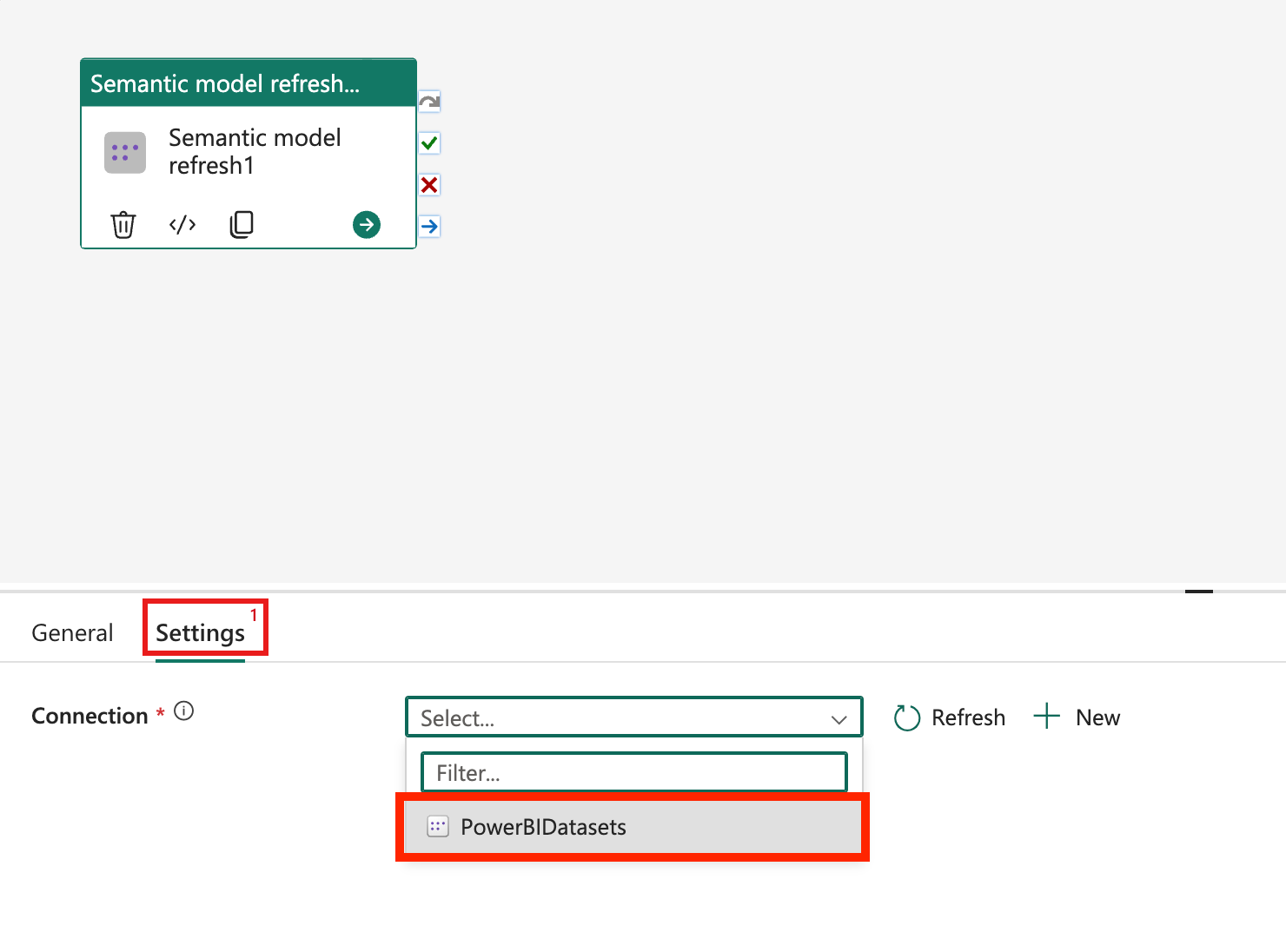 Skærmbillede, der viser, hvor Du kan vælge Power BI-forbindelsen til opdatering af semantisk model.