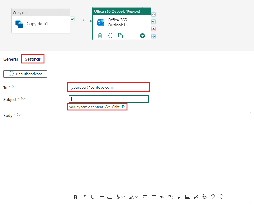 Skærmbillede, der viser konfigurationen af fanen Mailindstillinger i Office 365 Outlook.