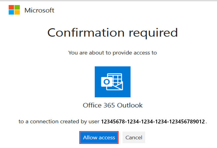 Skærmbillede, der viser dialogboksen Bekræftelse, der kræves for at give adgang til Office 365 Outlook.