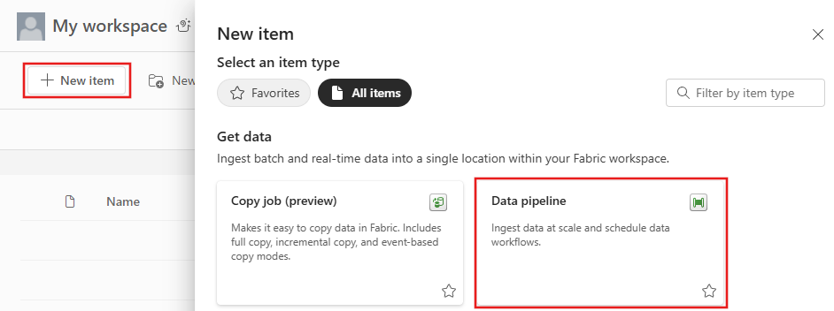 Skærmbillede af datafabrikkens startside med knappen for at oprette en ny datapipeline valgt.