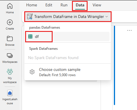 Skærmbillede, der viser, hvordan du starter data wrangler fra en notesbog.