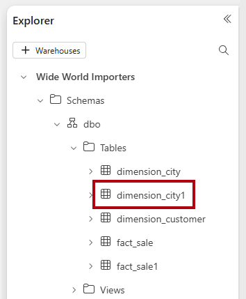 Skærmbillede af ruden Stifinder, der fremhæver tabellen dimensionsby 1.