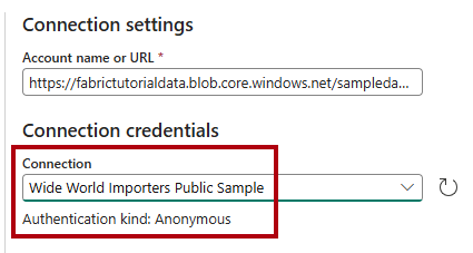 Skærmbillede af vinduet Opret forbindelse til datakilde, der viser alle de indstillinger, der er udført.