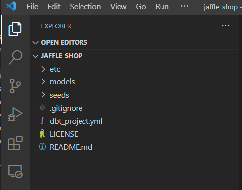 Skærmbillede fra Visual Studio Code, der viser det åbne projekt.