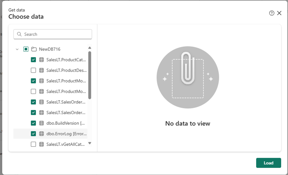 Skærmbillede fra Fabric-portalen, der viser skærmen Vælg data.