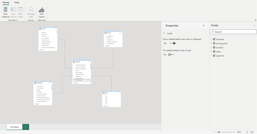 Skærmbillede, der viser webmodellering i Power BI.