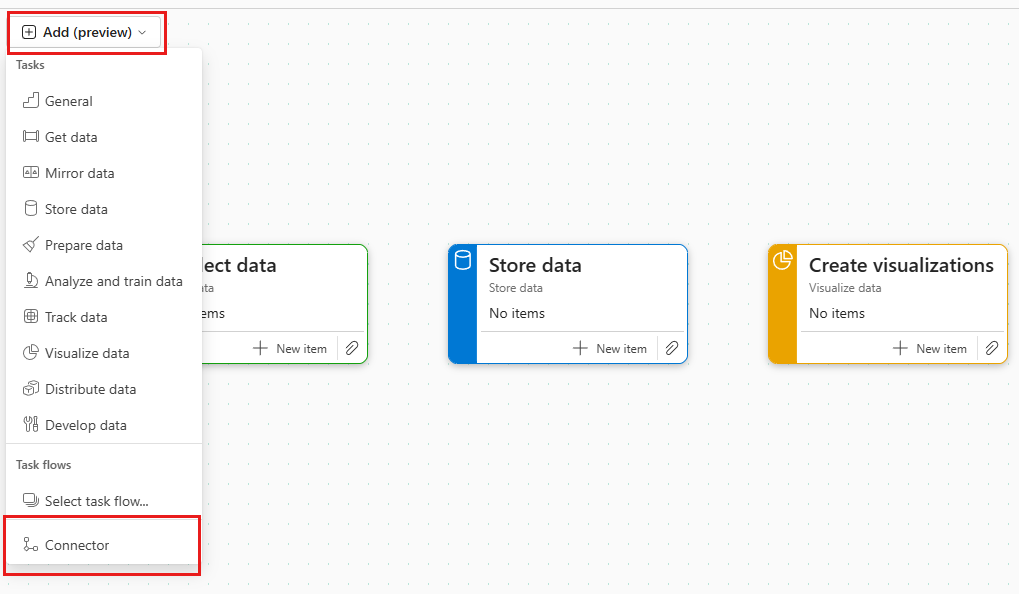 Screenshot showing how to create a connector using the add menu.