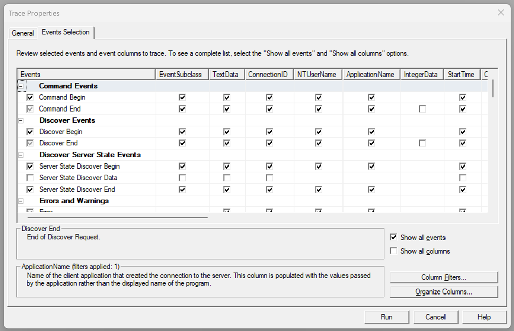 Skærmbillede, der viser de valgte hændelser for behandling af forespørgsler i SQL Server Profiler.