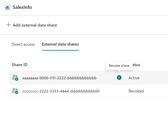 Skærmbillede, der viser, hvordan du tilbagekalder et eksternt datashare.