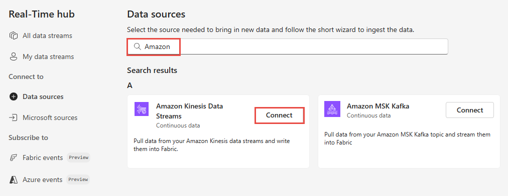 Et skærmbillede af valg af Kinesis-datastreams.