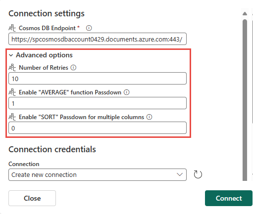 Skærmbillede, der viser de avancerede indstillinger for konfiguration af Azure Cosmos DB-connectoren.