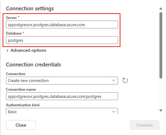 Skærmbillede, der viser afsnittet Forbindelsesindstillinger for Azure PostgreSQL-databaseconnectoren.